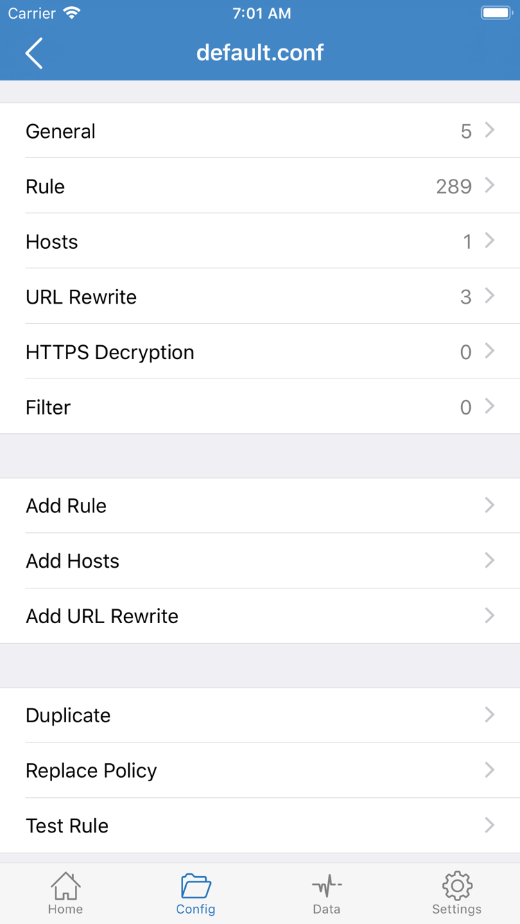 Shadowrocket Config 官方配置编辑截图，显示 General、Rule、Hosts、URL Rewrite、HTTPS Decryption 与 Add Rule