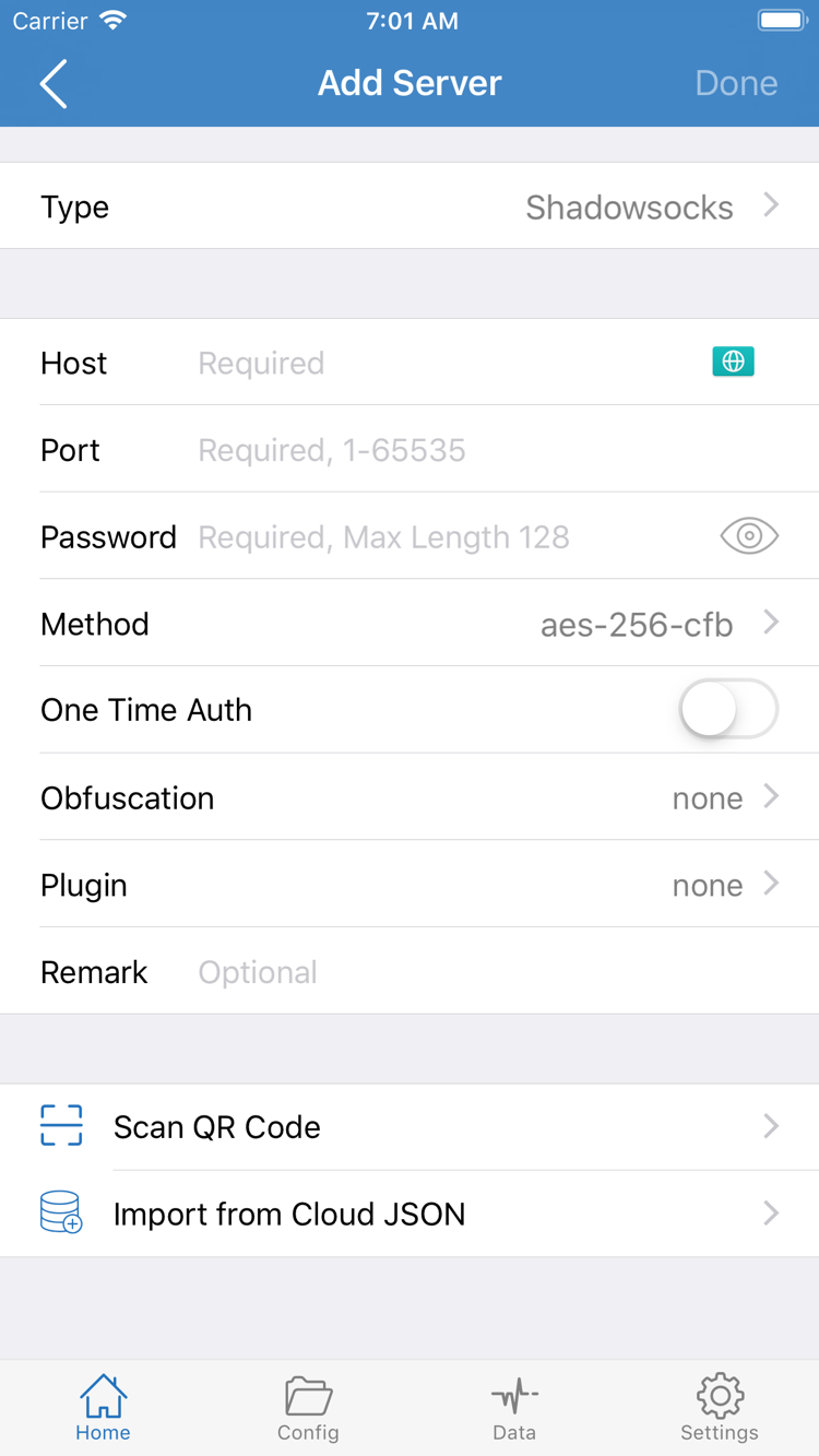 Shadowrocket Add Server 官方截图，显示 Type、Host、Port、Password、Method 及 Scan QR Code 等入口