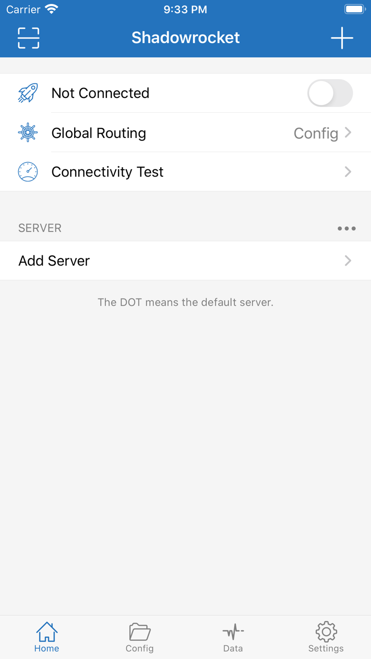 연결 스위치, Global Routing, Connectivity Test 및 Add Server가 표시된 Shadowrocket 공식 홈 화면 스크린샷